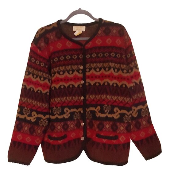 Tally Ho Fair Isle Black/Gold/Redtones Button Cardigan L-Sleeve S - Picture 1 of 10